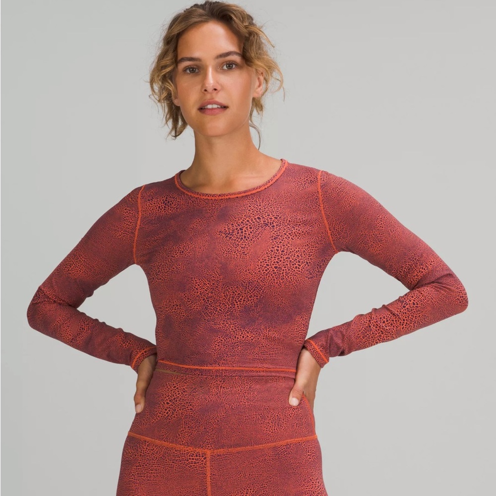 Lululemon Wunder Train Cropped Long Sleeve Shirt Orange Larkspur Size 4